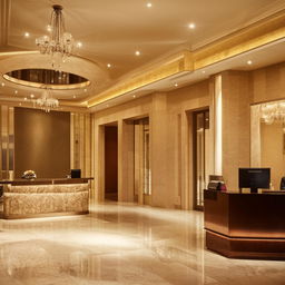 Hotel reception area radiating formality and elegance through its intricate interior design and sophisticated furnishings.