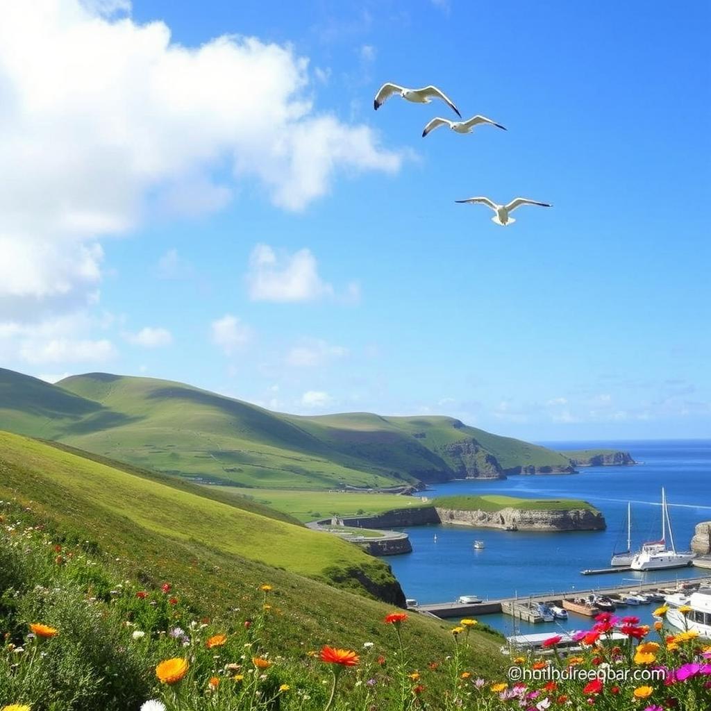 A picturesque landscape featuring rolling hills leading to a serene harbor