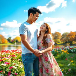 A romantic scene featuring a couple, both smiling happily together in a vibrant park filled with blooming flowers