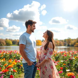 A romantic scene featuring a couple, both smiling happily together in a vibrant park filled with blooming flowers