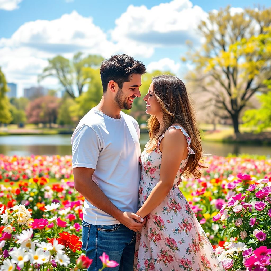 A romantic scene featuring a couple, both smiling happily together in a vibrant park filled with blooming flowers