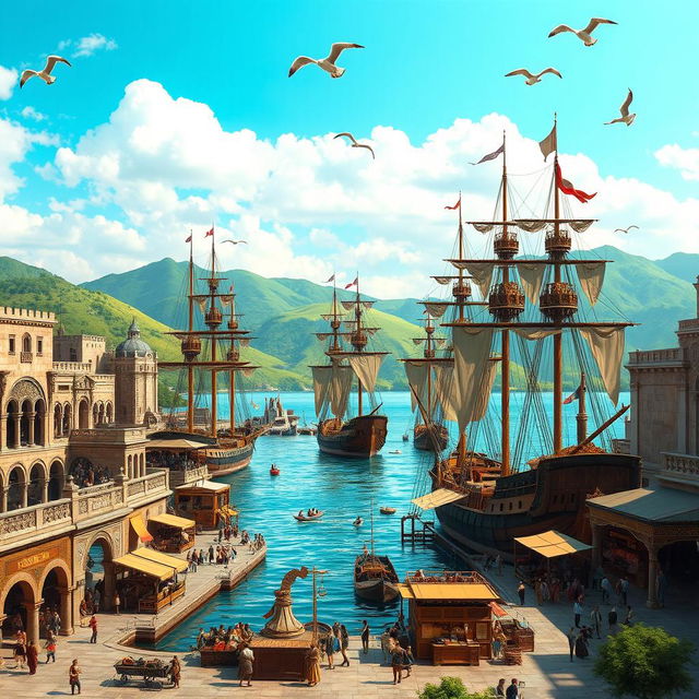 An ancient harbor scene depicting an expansive seaport with tall, intricately designed wooden ships docked