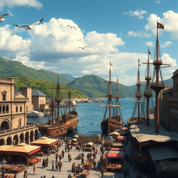 An ancient harbor scene depicting an expansive seaport with tall, intricately designed wooden ships docked