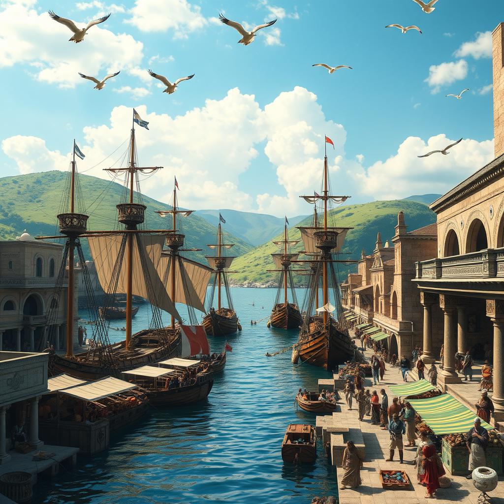 An ancient harbor scene depicting an expansive seaport with tall, intricately designed wooden ships docked