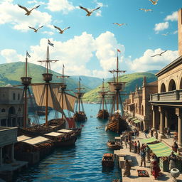 An ancient harbor scene depicting an expansive seaport with tall, intricately designed wooden ships docked