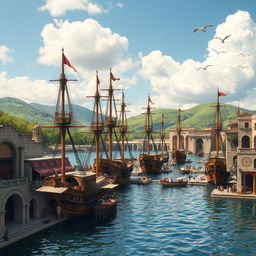 An ancient harbor scene depicting an expansive seaport with tall, intricately designed wooden ships docked