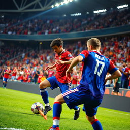 A dramatic scene of a football match in a packed stadium, showcasing players in vibrant team jerseys competing intensely for the ball