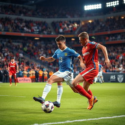A dramatic scene of a football match in a packed stadium, showcasing players in vibrant team jerseys competing intensely for the ball