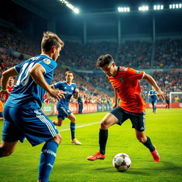 A dramatic scene of a football match in a packed stadium, showcasing players in vibrant team jerseys competing intensely for the ball
