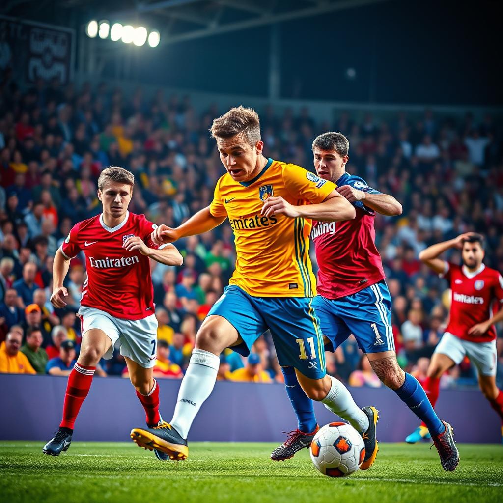 A dramatic scene of a football match in a packed stadium, showcasing players in vibrant team jerseys competing intensely for the ball