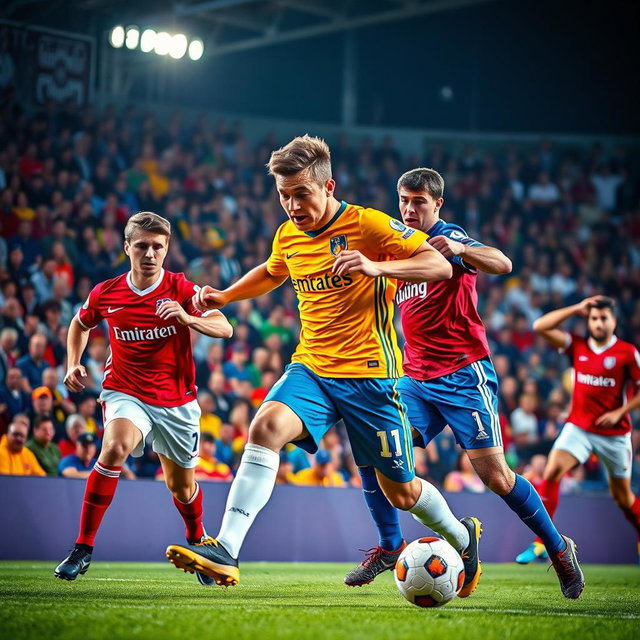 A dramatic scene of a football match in a packed stadium, showcasing players in vibrant team jerseys competing intensely for the ball