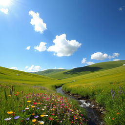 A serene and picturesque landscape with rolling green hills under a bright blue sky, dotted with fluffy white clouds