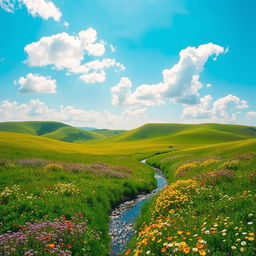 A serene and picturesque landscape with rolling green hills under a bright blue sky, dotted with fluffy white clouds