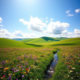 A serene and picturesque landscape with rolling green hills under a bright blue sky, dotted with fluffy white clouds