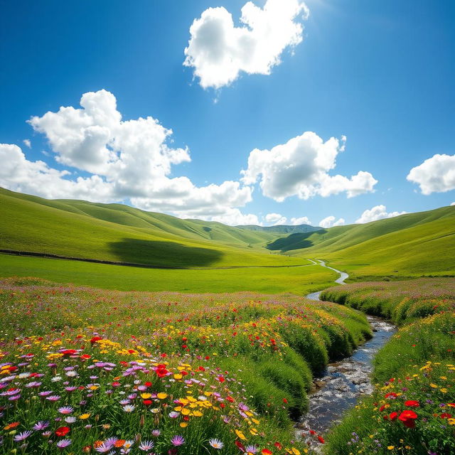 A serene and picturesque landscape with rolling green hills under a bright blue sky, dotted with fluffy white clouds