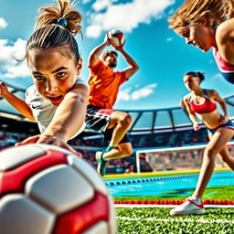 A dynamic and energetic sports cover photo, featuring a diverse group of athletes engaged in various sports activities