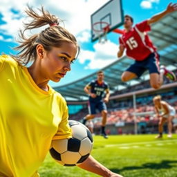 A dynamic and energetic sports cover photo, featuring a diverse group of athletes engaged in various sports activities
