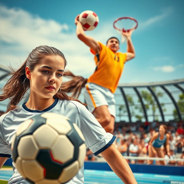 A dynamic and energetic sports cover photo, featuring a diverse group of athletes engaged in various sports activities