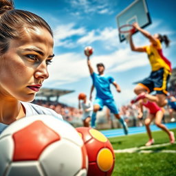 A dynamic and energetic sports cover photo, featuring a diverse group of athletes engaged in various sports activities