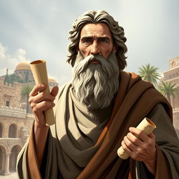 A regal depiction of the Apostle Paul, dressed in traditional first-century robes, with a flowing cloak draped over one shoulder