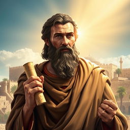 A regal depiction of the Apostle Paul, dressed in traditional first-century robes, with a flowing cloak draped over one shoulder