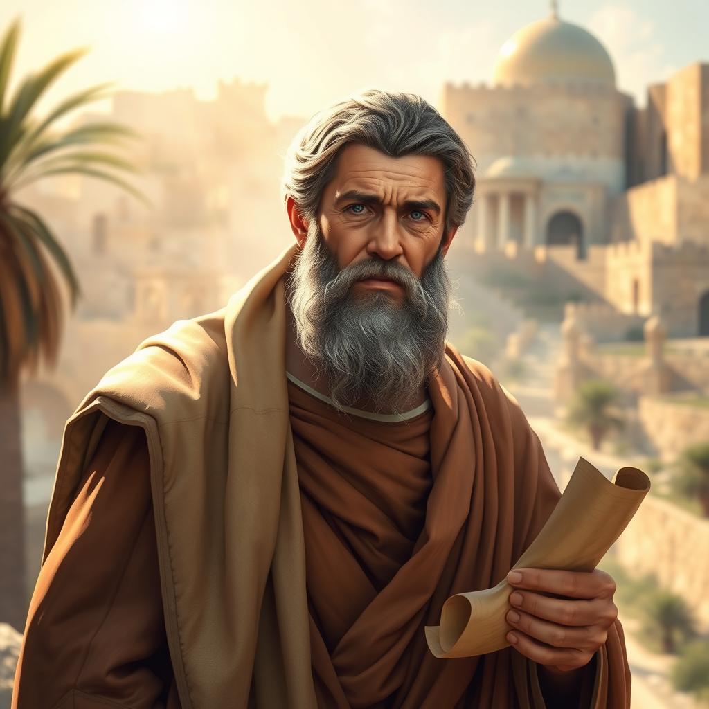 A regal depiction of the Apostle Paul, dressed in traditional first-century robes, with a flowing cloak draped over one shoulder