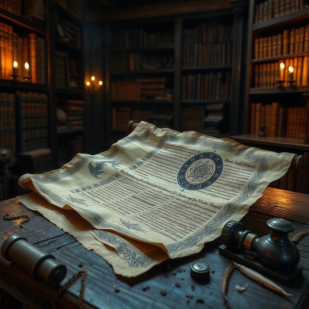 An ancient scroll with exquisite, detailed calligraphy and mystical symbols