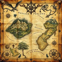 A beautifully detailed ancient map featuring mythical creatures and intricate compass designs, adorned with vintage parchment textures