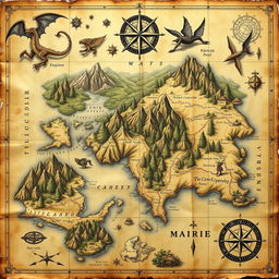 A beautifully detailed ancient map featuring mythical creatures and intricate compass designs, adorned with vintage parchment textures