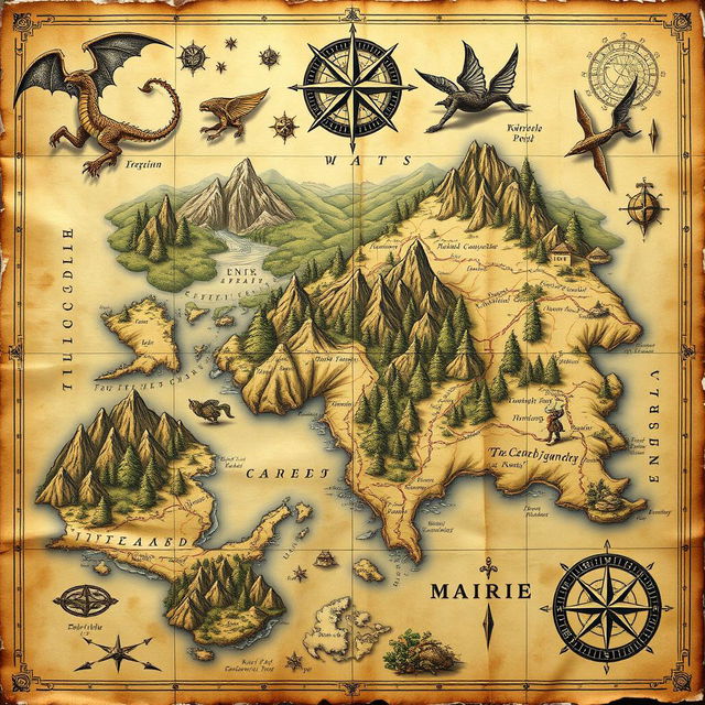 A beautifully detailed ancient map featuring mythical creatures and intricate compass designs, adorned with vintage parchment textures