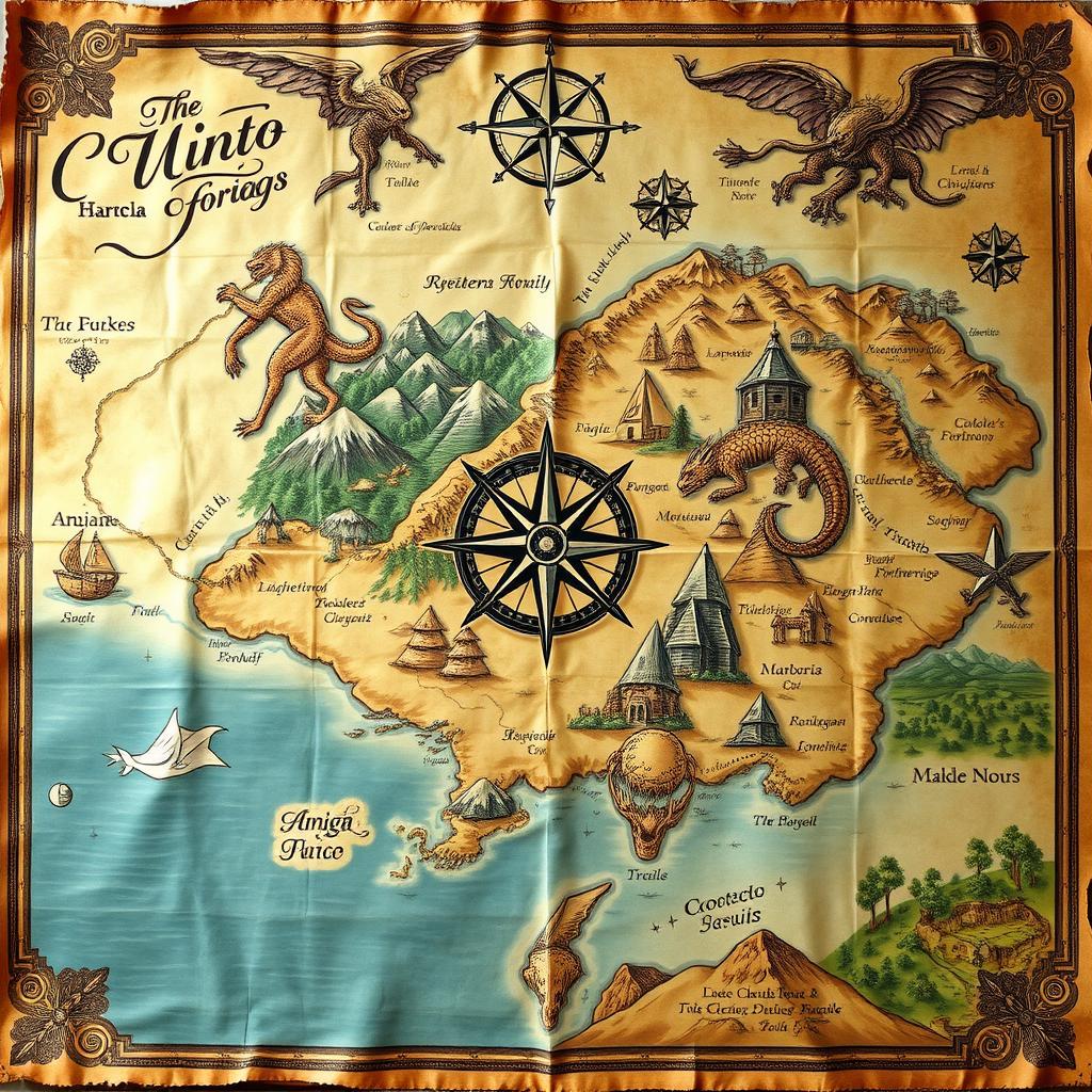 A beautifully detailed ancient map featuring mythical creatures and intricate compass designs, adorned with vintage parchment textures