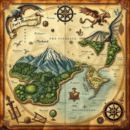A beautifully detailed ancient map featuring mythical creatures and intricate compass designs, adorned with vintage parchment textures