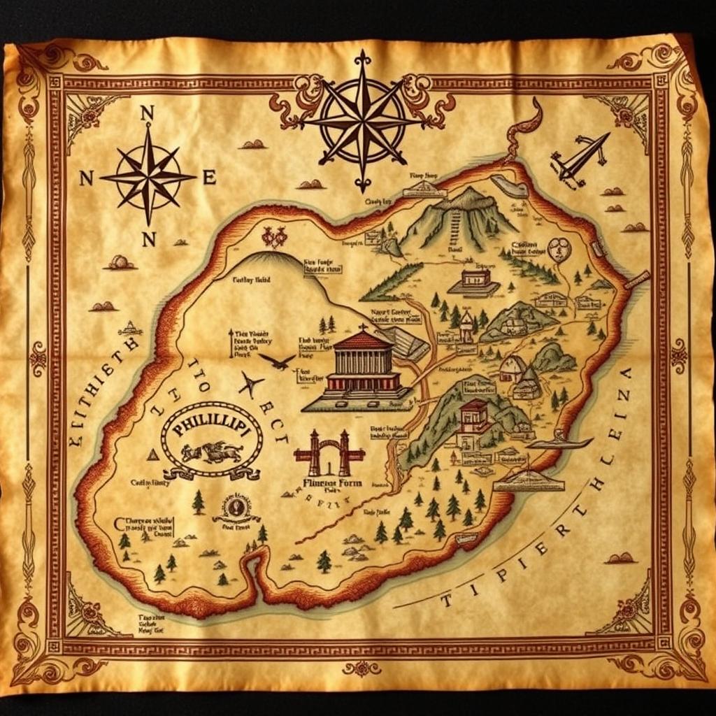 An intricately designed ancient map of Philippi, showcasing its historical landmarks such as the Forum, the Basilica, and the surrounding landscapes