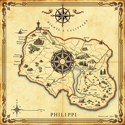 An intricately designed ancient map of Philippi, showcasing its historical landmarks such as the Forum, the Basilica, and the surrounding landscapes