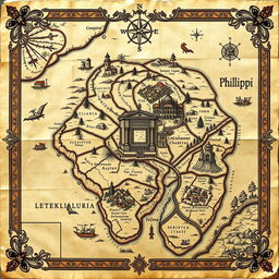 An intricately designed ancient map of Philippi, showcasing its historical landmarks such as the Forum, the Basilica, and the surrounding landscapes