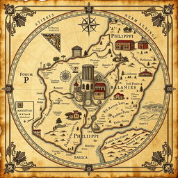 An intricately designed ancient map of Philippi, showcasing its historical landmarks such as the Forum, the Basilica, and the surrounding landscapes