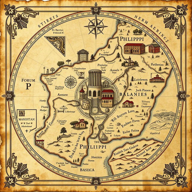 An intricately designed ancient map of Philippi, showcasing its historical landmarks such as the Forum, the Basilica, and the surrounding landscapes
