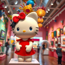 Hello Kitty with black hair and blue eyes, wearing a short red dress, placed inside a vibrant museum