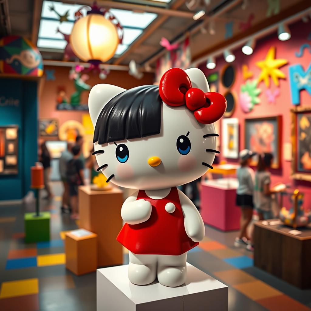 Hello Kitty with black hair and blue eyes, wearing a short red dress, placed inside a vibrant museum