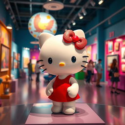 Hello Kitty with black hair and blue eyes, wearing a short red dress, placed inside a vibrant museum
