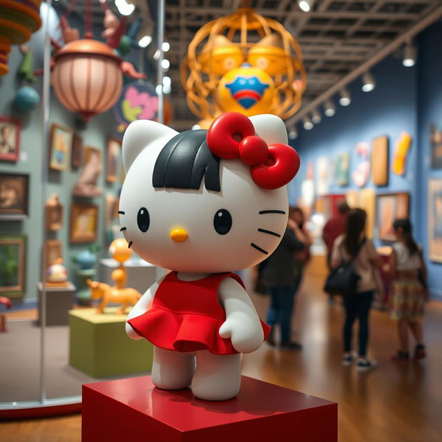 Hello Kitty with black hair and blue eyes, wearing a short red dress, placed inside a vibrant museum