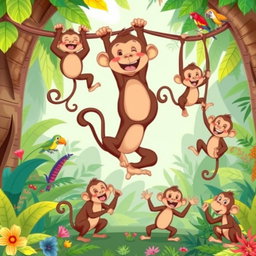 A whimsical cartoon illustration of a monkey in various playful positions