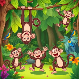 A whimsical cartoon illustration of a monkey in various playful positions