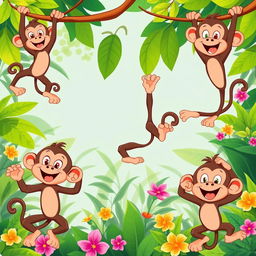 A playful cartoon monkey in various fun and dynamic poses, showcasing its agility and humor