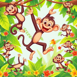 A playful cartoon monkey in various fun and dynamic poses, showcasing its agility and humor
