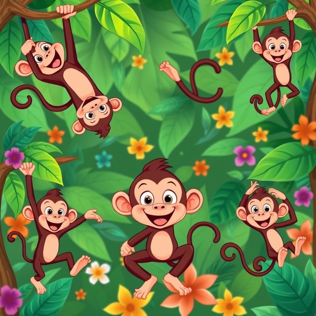 A playful cartoon monkey in various fun and dynamic poses, showcasing its agility and humor