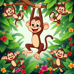 A playful cartoon monkey in various fun and dynamic poses, showcasing its agility and humor