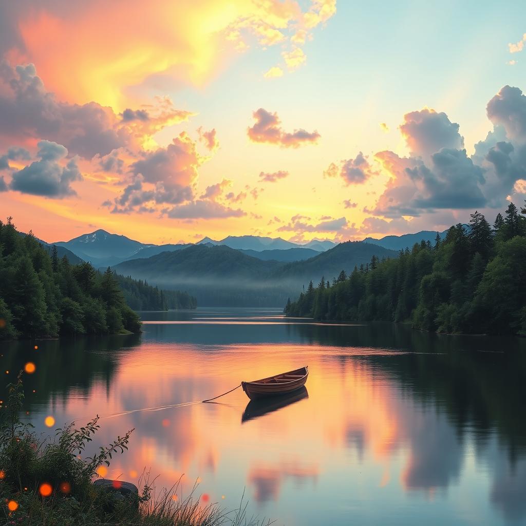 Enchanting Dreamscape: Sunset Over a Tranquil Lake