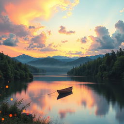 a serene dreamscape featuring a colorful sunset over a peaceful lake, surrounded by lush green forests and distant mountains, soft pastel colors blending in the sky, fluffy clouds reflecting the sunlight, a small wooden boat drifting gently on the calm water, and fireflies illuminating the surroundings, creating a magical atmosphere