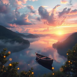 a serene dreamscape featuring a colorful sunset over a peaceful lake, surrounded by lush green forests and distant mountains, soft pastel colors blending in the sky, fluffy clouds reflecting the sunlight, a small wooden boat drifting gently on the calm water, and fireflies illuminating the surroundings, creating a magical atmosphere